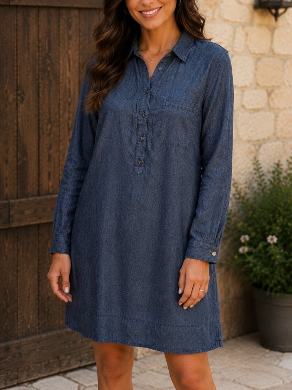 Eileen Fisher Chambray Linen Shirtdress Size Medium Long Sleeve Dress